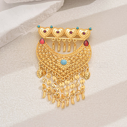 Heart Alloy Rhinestone Brooches for Backpack Clothes, with Tassel, Golden, 88x46mm(KH9838)