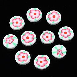 Handmade Polymer Clay Cabochons, Flat Round with Flower, Red, 9~10x1.5~2.5mm, about 5400pcs/1000g(CLAY-N006-54)