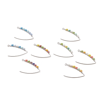 304 Stainless Steel Earring Hooks, with Electroplate Glass Braided, Triangle, Mixed Color, 41x26x3mm, Hole: 2mm, Pin: 0.9mm