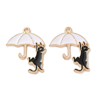 Alloy Enamel Pendants, Light Gold, Cat with Umbrella Charm, White, 27.5x20x1.5mm, Hole: 1.5mm