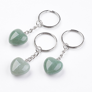 Natural Green Aventurine Keychain, with Platinum Iron Findings, Heart, 72mm
