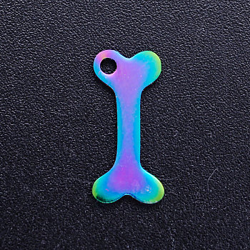 Ion Plating(IP) 201 Stainless Steel Pet Pendants, Dog Bone, Rainbow Color, 15x6.5x1mm, Hole: 1.5mm