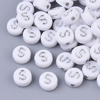 Plating Acrylic Beads, Silver Metal Enlaced, Horizontal Hole, Flat Round with Letter, White, Letter.S, 7x4mm, Hole: 1.2mm