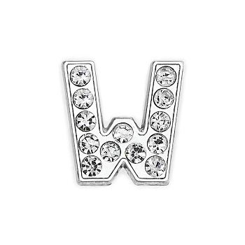 Eco-Friendly Zinc Alloy Slide Charms, with Rhinestone, Platinum Plated, Letter, Crystal, Letter.W, 12mm, Hole: 1.5x7.9mm