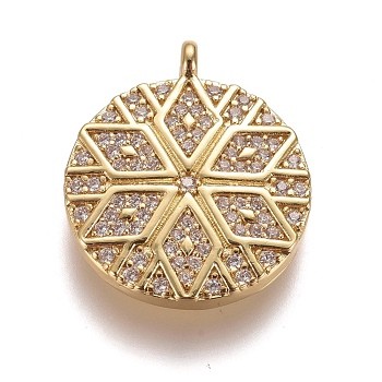 Brass Micro Pave Clear Cubic Zirconia Pendants, Flat Round with Flower, Golden, 23x19.8x4mm, Hole: 1.9mm