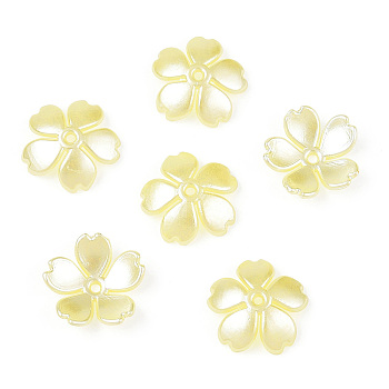 Spray Paint ABS Plastic Imitation Pearl Beads Caps, Flower 5 Petals, Champagne Yellow, 14x15x4mm, Hole: 1.5mm