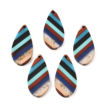 Transparent Resin & Walnut Wood Pendants, Teardrop Charms with Gold Foil, Colorful, 38x18x3mm, Hole: 2mm