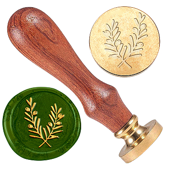 Wax Seal Stamp Set, Golden Plated Sealing Wax Stamp Solid Brass Head, with Retro Wood Handle, for Envelopes Invitations, Gift Card, Leaf, 83x22mm, Head: 7.5mm, Stamps: 25x14.5mm