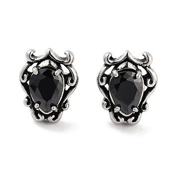Teardrop 316 Surgical Stainless Steel Pave Cubic Zirconia Stud Earrings for Women Men, Antique Silver, Black, 14x10.5mm