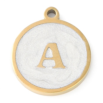 Ion Plating(IP) 201 Stainless Steel Pendants, with White Enamel, Real 18K Gold Plated, Flat Round with Letter, Letter A, 18.5x15.5x2mm, Hole: 1.6mm