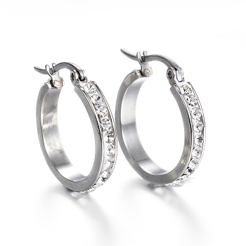 304 Stainless Steel Hoop Earrings, with Polymer Clay and Rhinestone, Ring, Stainless Steel Color, Crystal, 22x21x3.5mm, Pin: 1x0.8mm