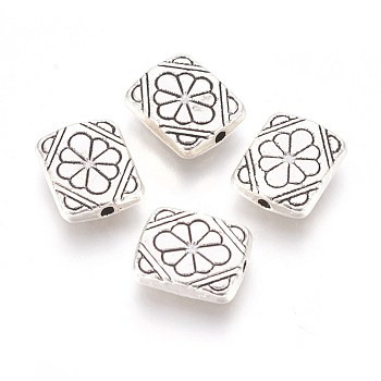 Tibetan Style Alloy Beads, Rectangle with Flower, Antique Silver, Lead Free & Cadmium Free, 12x10x3mm, Hole: 1.5mm