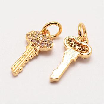 Brass Micro Pave Grade AAA Cubic Zirconia Charms, Long-Lasting Plated, Key, Cadmium Free & Nickel Free & Lead Free, Real 18K Gold Plated, 14x7x3mm, Hole: 3mm