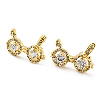 Brass Micro Pave Cubic Zirconia Stud Earrings, Rabbit Earrings with Glass, Real 18K Gold Plated, 14.5x20mm