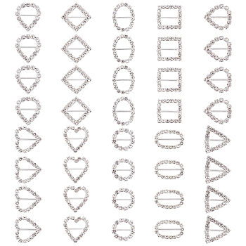 PandaHall Elite 36pcs 9 style Brass Crystal Rhinestones Slide Heart Buckles, Long-Lasting Plated, for Wedding Invitation Letter and Garment Decoration, Silver, 16~25x13~21x3mm, Hole: 4~6x8~18mm, 4pcs/style