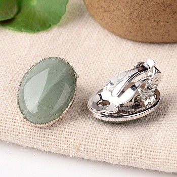 Natural Green Aventurine Oval Clip-on Earrings, with Platinum Plated Brass Findings, 21x15mm