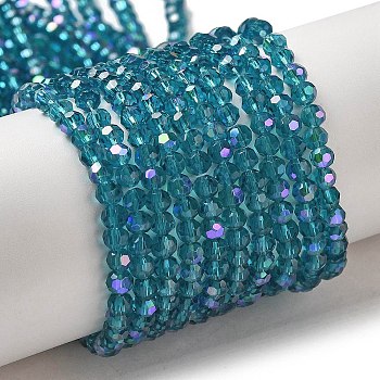 Electroplate Transparent Glass Beads Strands, Faceted, Round, Rainbow Plated, Dark Turquoise, 3mm, Hole: 0.8mm, about 164~166pcs/strand, 19.69~19.88 inch(50~50.5cm)