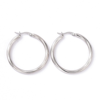 304 Stainless Steel Hoop Earrings for Women, Stainless Steel Color, 7 Gauge, 39.5x39x3.5mm, Pin: 0.8x1mm