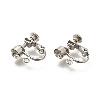 Brass Clip-on Earring Settings, with Rhinestone, Stainless Steel Color, 14x17x5mm, Hole: 1.5mm