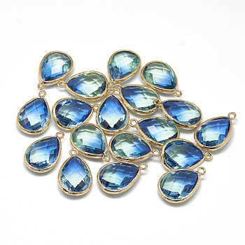 Glass Pendants, with Golden Tone Brass Findings, Faceted, Teardrop, Dodger Blue, 23x15x7mm, Hole: 1.5~2mm