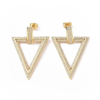 Clear Cubic Zirconia Hollow Out Triangle Dangle Stud Earrings, Brass Jewelry for Women, Real 18K Gold Plated, 42x28mm, Pin: 0.8mm