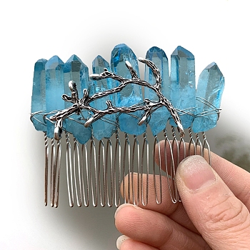 Natural Crystal Hair Combs, with Alloy Crown Hair Bands, for Women Girls, Deep Sky Blue, 78x37mm