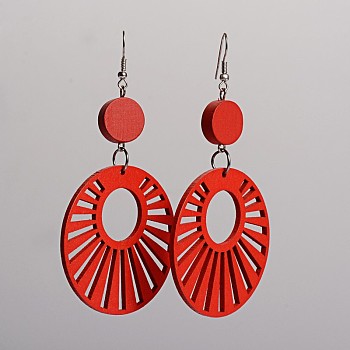 Trendy Flat Round Wood Dangle Earrings, with Platinum Plated Iron Earring Hooks, Red, 90.5x49mm, Pin: 0.8mm