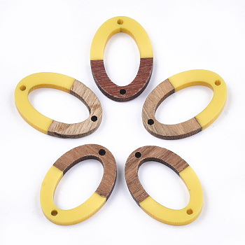 Resin & Walnut Wood Links connectors, Oval, Gold, 28.5x19.5x3~4mm, Hole: 1.8mm