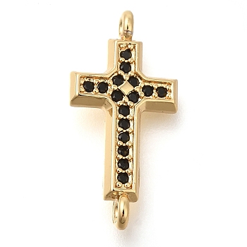 Brass Pave Black Cubic Zirconia Connector Charms, Religion Cross Links, Real 16K Gold Plated, 20.5x10x3mm, Hole: 1.2mm