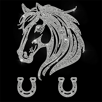 Glass Hotfix Rhinestone, Iron on Appliques, Costume Accessories, for Clothes, Bags, Pants, Horse, 297x210mm