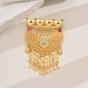 Heart Alloy Rhinestone Brooches for Backpack Clothes, with Tassel, Golden, 88x46mm