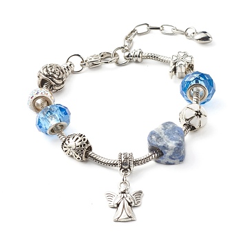 Heart Angel Clover Flowers European Bracelet for Teen Girl Women, Natural Sodalite & Glass & Alloy Beads Bracelet, 8-1/8 inch(20.5cm)