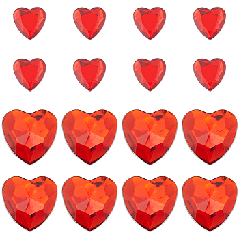 200Pcs 2 Style Acrylic Rhinestone Cabochons, Flat Back & Back Plated, Faceted, Heart, Red, 15~25x14.5~24x2~4mm, 100pcs/style