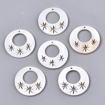 Natural Freshwater Shell Pendants, Flat Round with Star, Creamy White, 20x1mm, Hole: 1.2mm