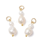 Natural Freshwater Pearl Potato & Shell Pearl Round Bead Pendants, Beaded Charms with Jump Rings, Golden, White, 17~18x7.5~9x6mm, Hole: 3.5mm(PALLOY-JF04714-02)