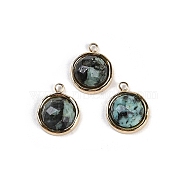 Natural African Turquoise(Jasper) Faceted Flat Round Charms, with Ion Plating(IP) 304 Stainless Steel Findings, Real 18K Gold Plated, 10.5x8.5x4mm, Hole: 1.2mm(STAS-I325-147G-01)