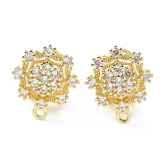 Flower Brass Micro Pave Cubic Zirconia Stud Earrings Finding, with Horizontal Loops, Cadmium Free & Lead Free, Real 18K Gold Plated, 18x15.5mm, Hole: 1.6mm, Pin: 0.8mm(KK-E083-01G)