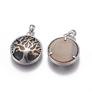 Natural Tiger Eye Pendants, with Brass Findings, Flat Round with Tree of Life, Platinum, 32x27.5~28x7mm, Hole: 4x6mm(G-E517-B05)