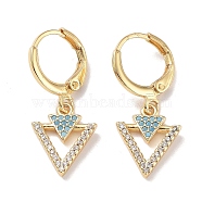 Real 18K Gold Plated Brass Dangle Leverback Earrings, with Cubic Zirconia, Triangle, Sky Blue, 27x11.5mm(EJEW-L269-022G)