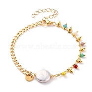 Natural Baroque Pearl Keshi Pearl Link Bracelets, with Brass Curb Chains, Glass Beads, 304 Stainless Steel Lobster Claw Clasps and Flat Round Charms, Colorful, Real 18K Gold Plated, 7-1/2 inch(19cm)(BJEW-JB05803-05)