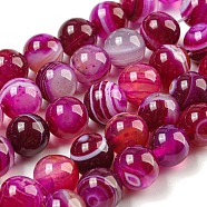 Natural Striped Agate/Banded Agate Bead Strands, Round, Grade A, Dyed & Heated, Deep Pink, 10mm, Hole: 1mm, about 37pcs/strand, 15 inch(G-K166-13-10mm-03)
