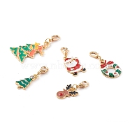 Christmas Theme Light Gold  Alloy Enamel Pendants, with Lobster Claw Clasps, Tree & Reindeer/Stag & Santa Claus & Wreath, Mixed Color, 30~45mm(HJEW-JM00470)