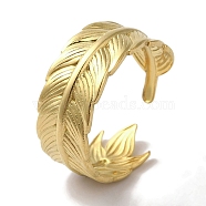 PVD Vacuum Plating 201 Stainless Steel Feather Open Cuff Rings for Women, Real 18K Gold Plated, 8mm, Adjustable(RJEW-C092-26G)