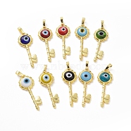 Handmade Evil Eye Lampwork Pendants, with Real 18K Gold Plated Tone Brass Findings, Key Charm, Mixed Color, 33x12x4mm, Hole: 4x6mm(ZIRC-F136-05G)