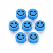 Handmade Polymer Clay Beads, Flat Round with Smiling Face, Dodger Blue, 8~9x4mm, Hole: 1.5mm(CLAY-S096-010F)