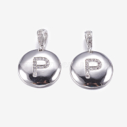 Brass Pendants, with Cubic Zirconia, Cadmium Free & Lead Free, Flat Round with Letter, Platinum, Letter.P, 22mm, Hole: 2x3mm, Pendant: 15x3mm(KK-K194-P-P-RS)