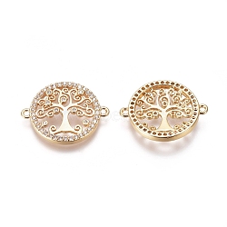 Brass Micro Pave Cubic Zirconia Links connectors, Flat Round with Tree of Life, Clear, Golden, 16x20x3mm, Hole: 1mm(ZIRC-K081-16G)