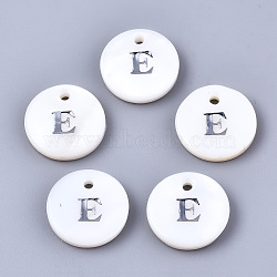 Natural Freshwater Shell Pendants, with Platinum Plated Iron Etched Metal Embellishments, Flat Round with Initial Letter, White, Letter.E, 11x2mm, Hole: 1.5mm(X-SHEL-Q018-01A-E-P)