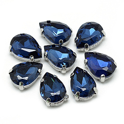Sew on Rhinestone, Multi-strand Links, Glass Rhinestone, with 201 Stainless Steel Prong Settings, Garments Accessories, Faceted, teardrop, Prussian Blue, 14x10x6mm, Hole: 0.8~1mm(RGLA-T035-10x14mm-14)