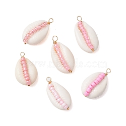 6Pcs 6 Styles Natural Cowrie Shell & Glass Seed Beads Pendants, Shell Shaped Charms, Pink, 29x16x10mm, Hole: 2mm, 1pc/style(PALLOY-JF02759-02)